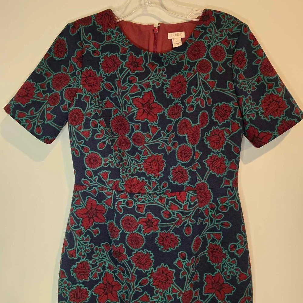 J Crew Short-Sleeve Printed Dress - Blue Burgundy Floral Print